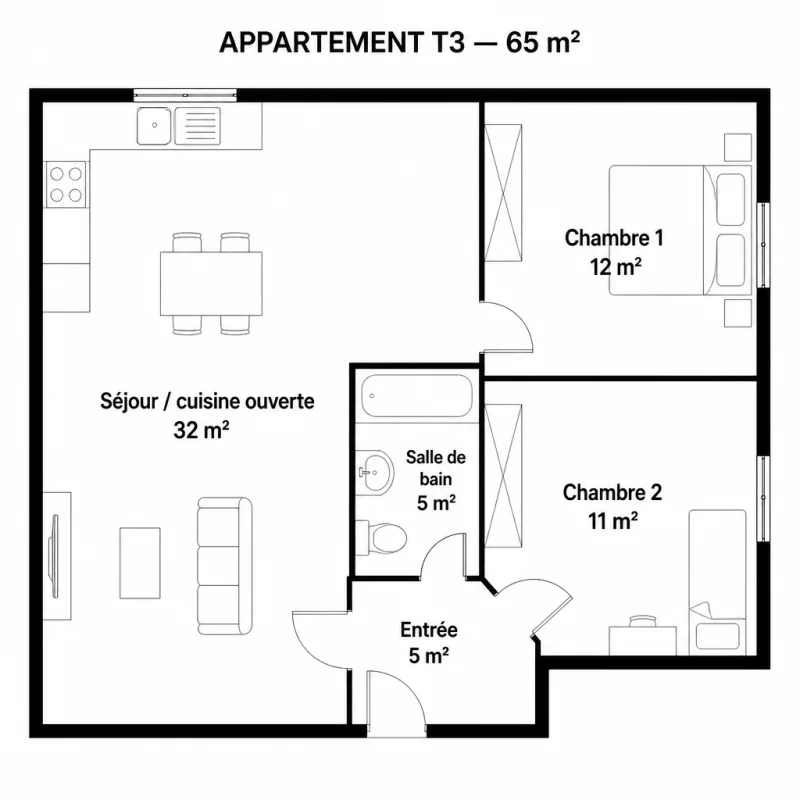 Le plan 2D de l'appartement T3 de 65 m²