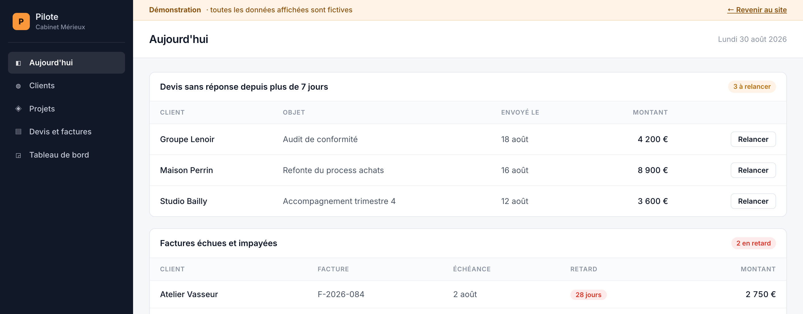 Pilote, un outil de gestion construit sur mesure : devis à relancer et factures échues